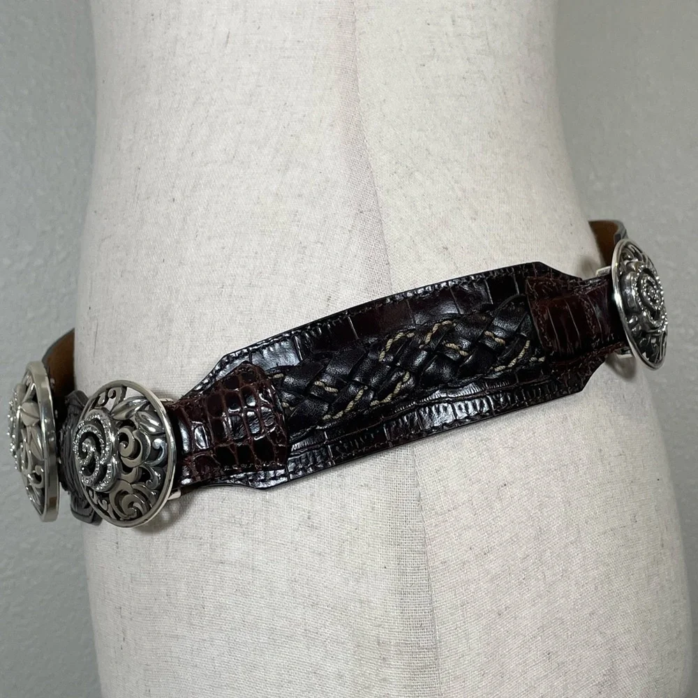 BRIGHTON Belt Brown Woven Croc Leather Concho Rhinestones Silvertone Size 36